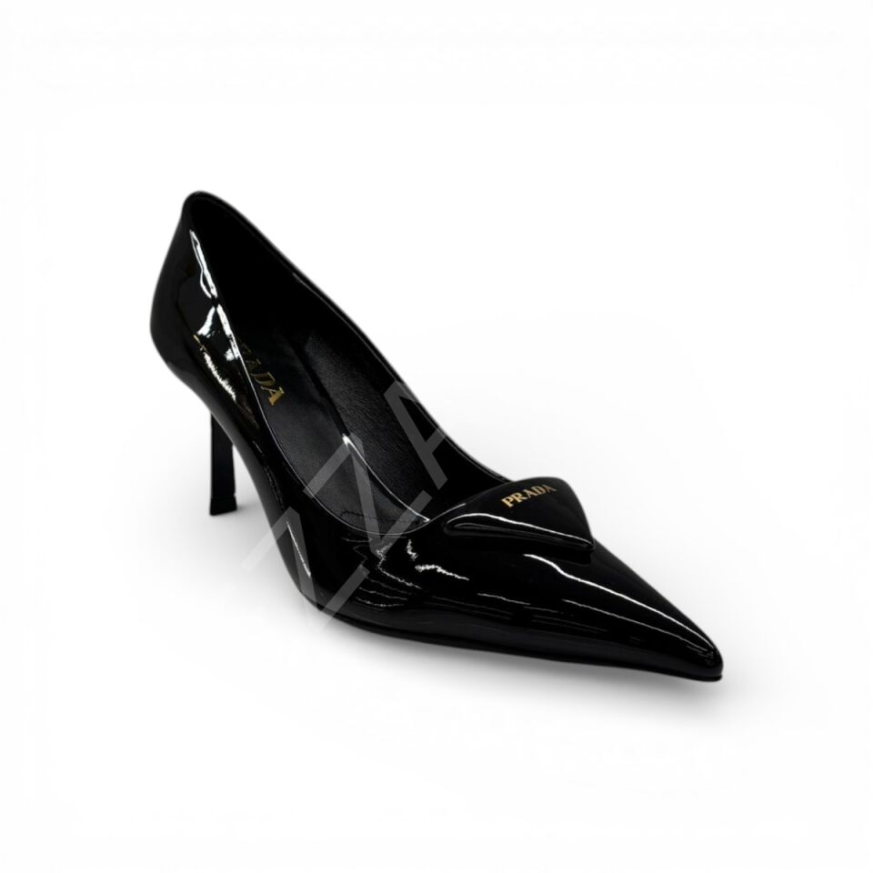 Prada 665 Stiletto Gold Yazılı Uzun Topuklu Siyah Kadın Ayakkabı