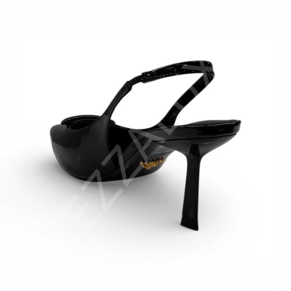 Prada 666 Arkası Açık Gold Yazılı Kısa Topuklu Siyah Kadın Ayakkabı