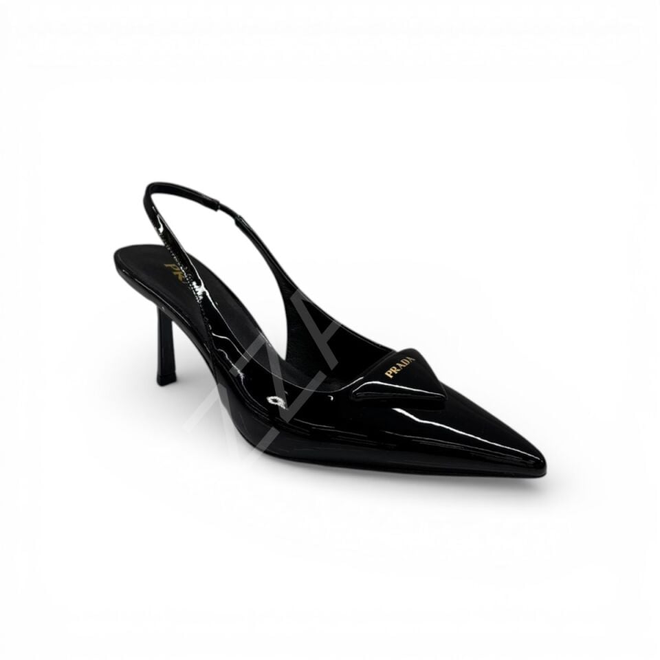 Prada 666 Arkası Açık Gold Yazılı Kısa Topuklu Siyah Kadın Ayakkabı