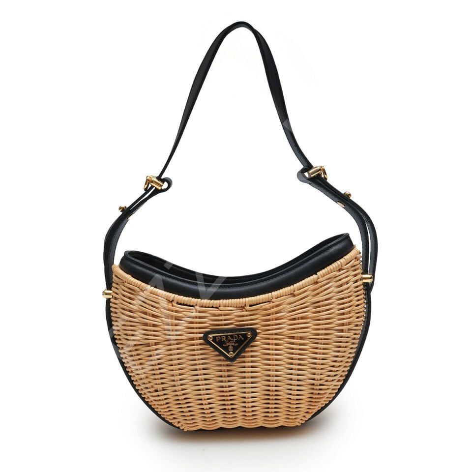 Prada Hasır Ve Deri 18,5*22,5*6 Standart Siyah Krem Kadın Çanta
