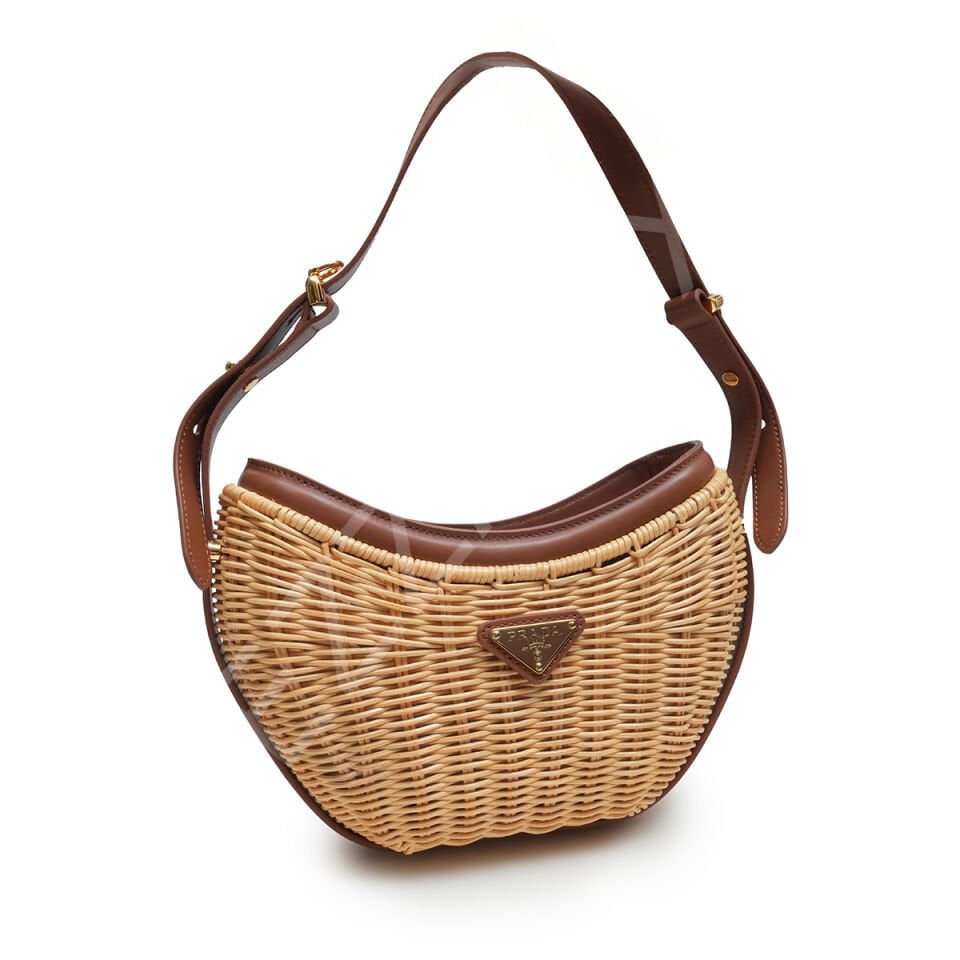 Prada Hasır Ve Deri 18,5*22*6 Standart Kahve Krem Kadın Çanta