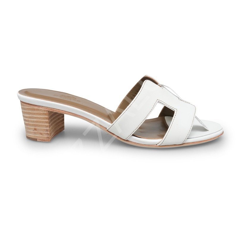 Hermes 1051 Deri Beyaz Topuklu Terlik Kadın Ayakkabı