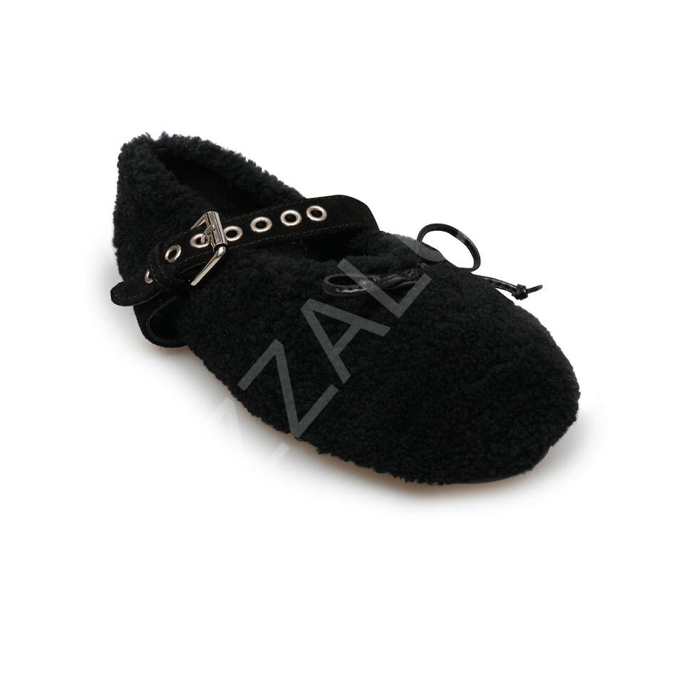 Miu 589 Siyah Tüylü Babet Kadın Ayakkabı