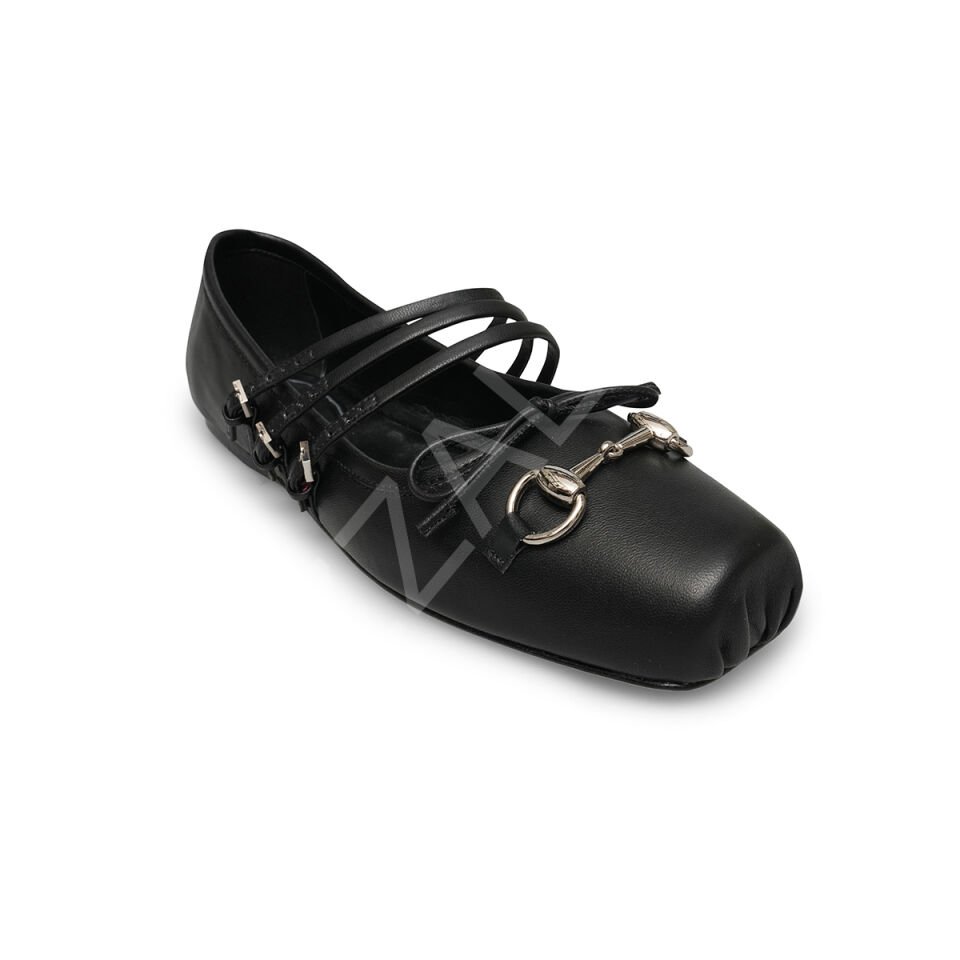 Gucci 714 Siyah Çift Bantlı Babet Kadın Ayakkabı