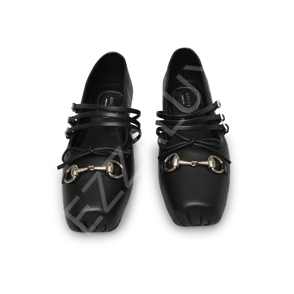 Gucci 714 Siyah Çift Bantlı Babet Kadın Ayakkabı