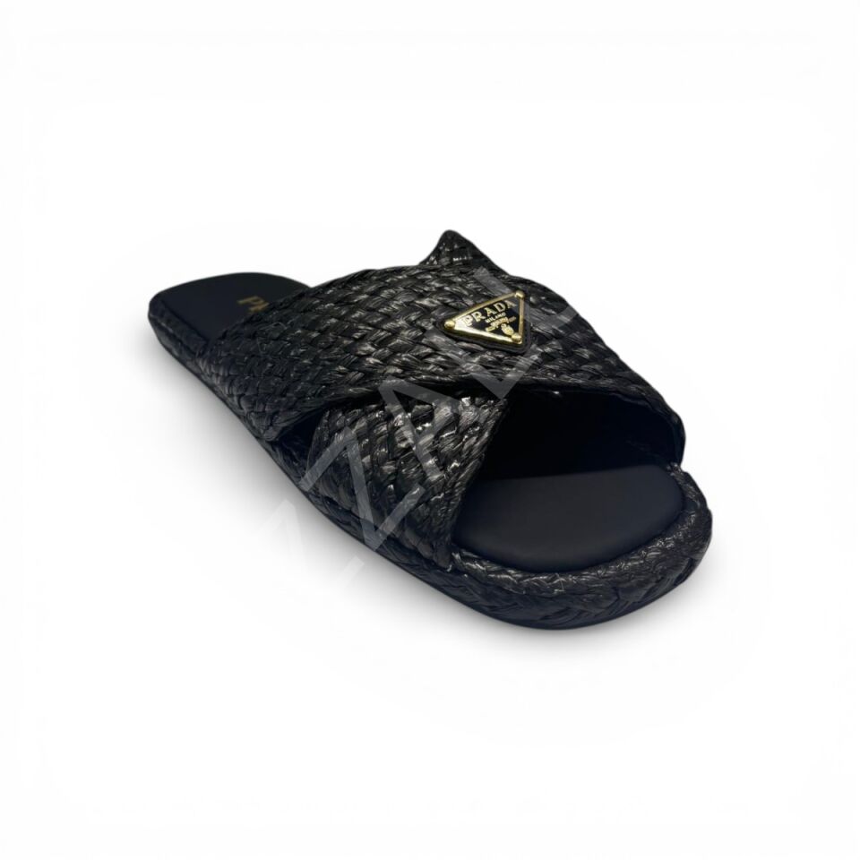 Prada 763 Siyah Hasır Terlik Düz Kadın Ayakkabı