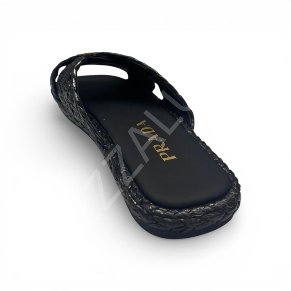 Prada 763 Siyah Hasır Terlik Düz Kadın Ayakkabı