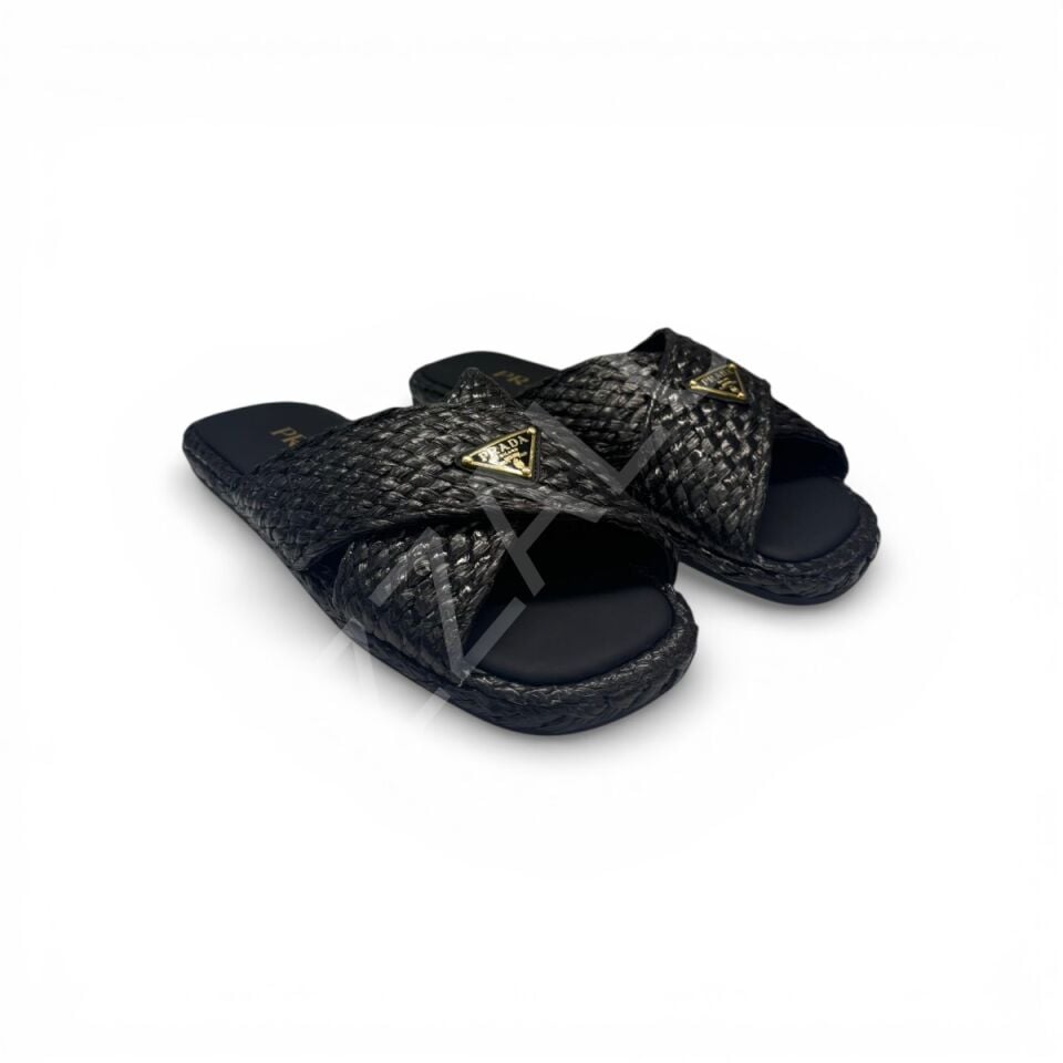 Prada 763 Siyah Hasır Terlik Düz Kadın Ayakkabı