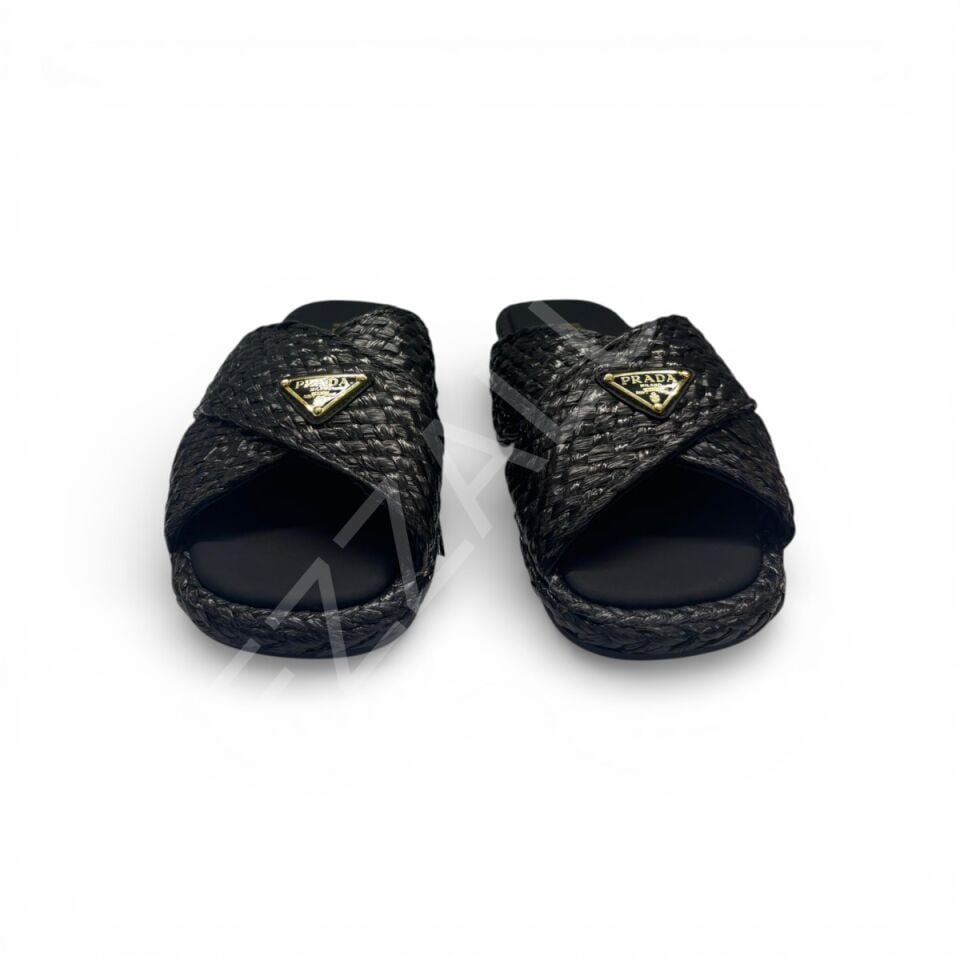 Prada 763 Siyah Hasır Terlik Düz Kadın Ayakkabı