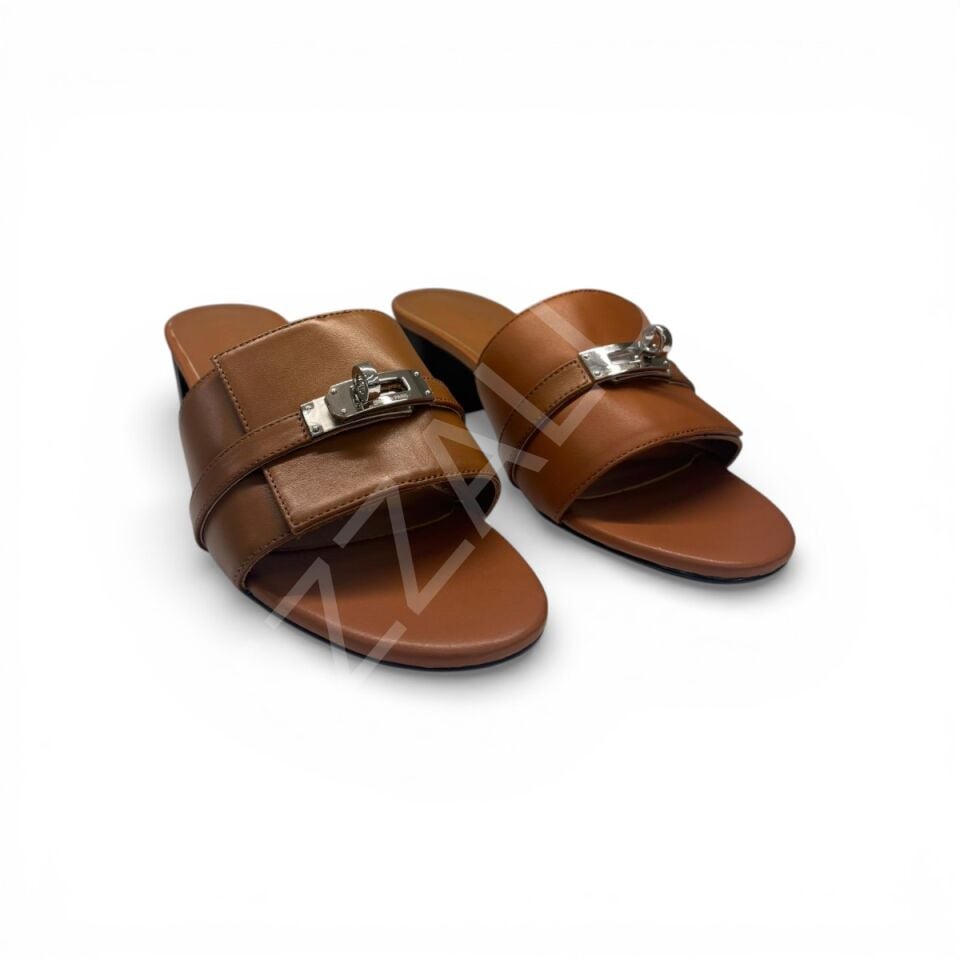 Hermes 765 Tokalı Taba Topuklu Terlik Kadın Ayakkabı