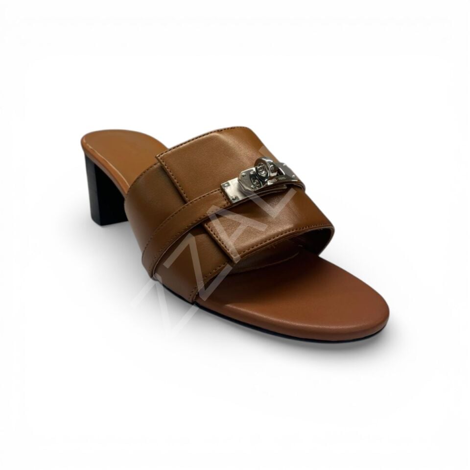 Hermes 765 Tokalı Taba Topuklu Terlik Kadın Ayakkabı