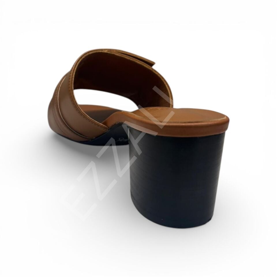 Hermes 765 Tokalı Taba Topuklu Terlik Kadın Ayakkabı