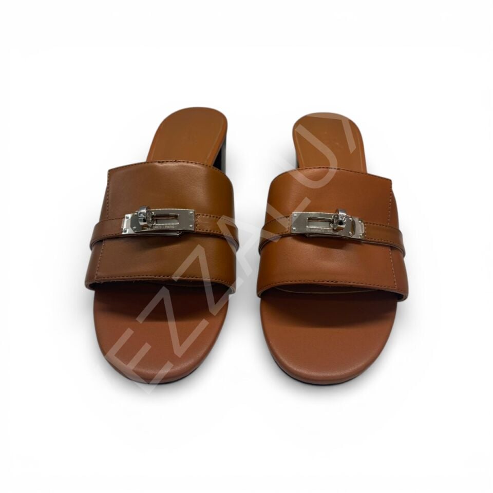 Hermes 765 Tokalı Taba Topuklu Terlik Kadın Ayakkabı