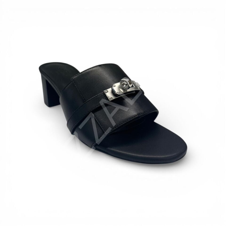 Hermes 766 Tokalı Siyah Topuklu Terlik Kadın Ayakkabı