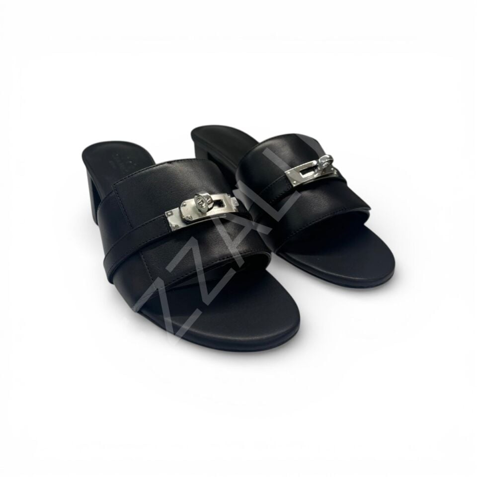 Hermes 766 Tokalı Siyah Topuklu Terlik Kadın Ayakkabı