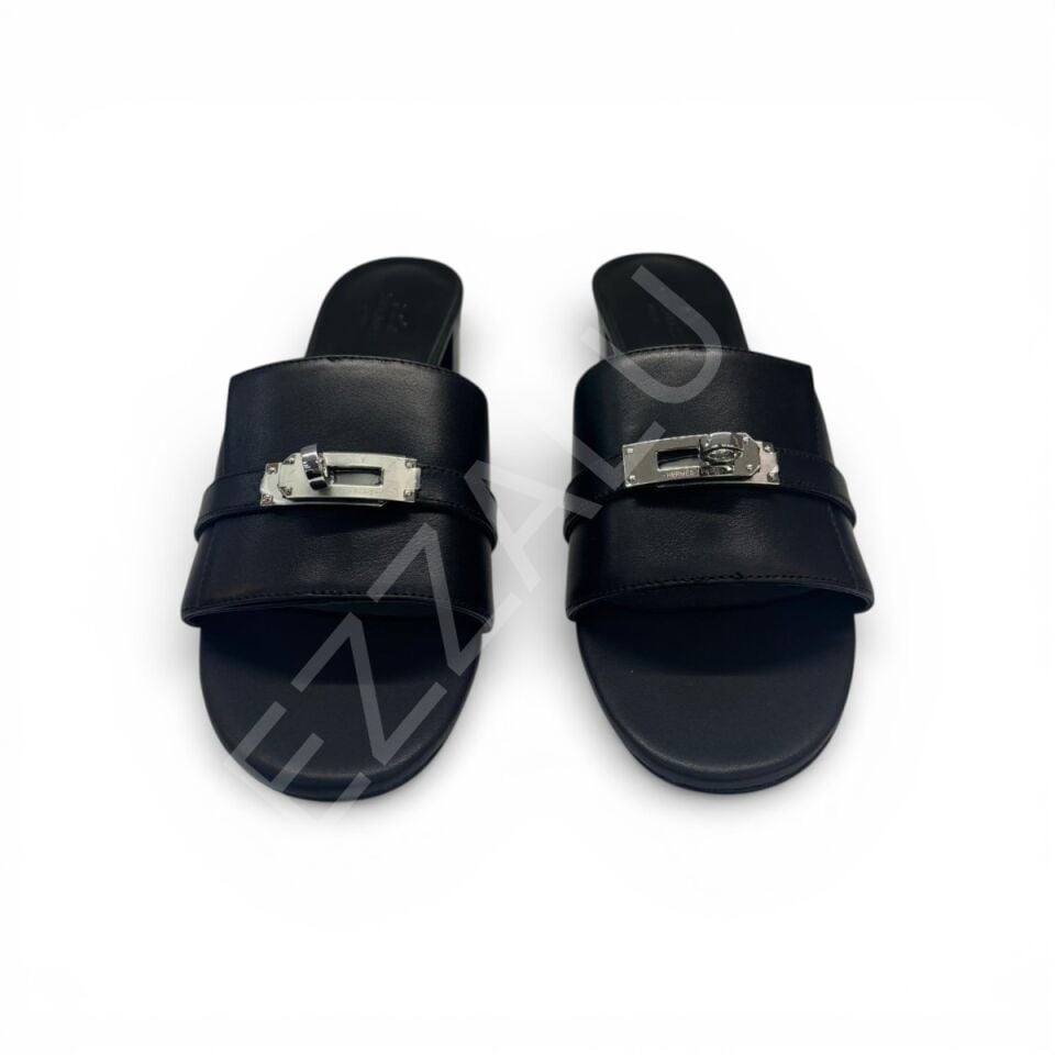 Hermes 766 Tokalı Siyah Topuklu Terlik Kadın Ayakkabı